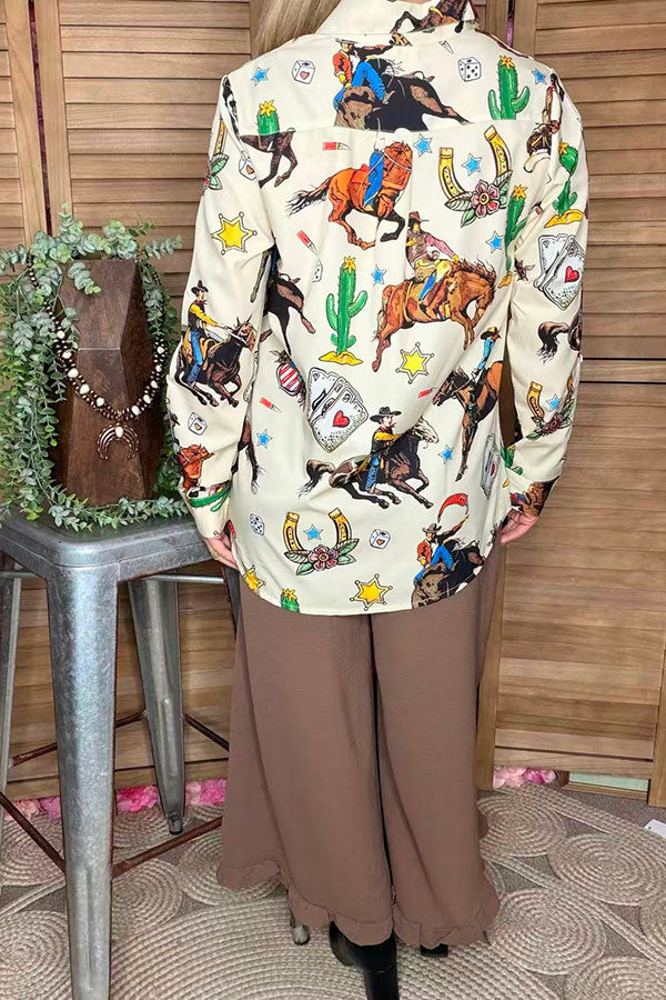 Western pattern printed beige long sleeve women shirts with buttons up GJQ16673