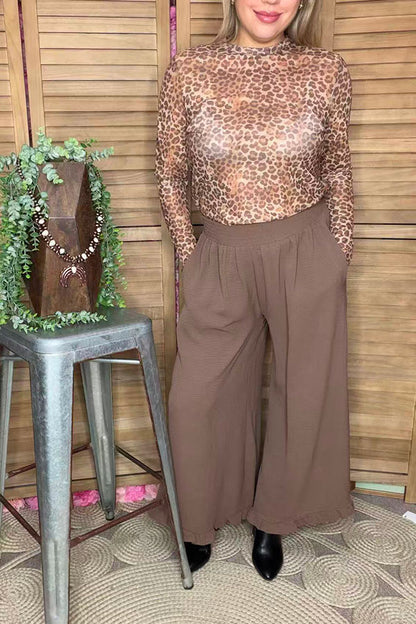 Plus size brown leopard sheer long sleeve women blouse XCH16762