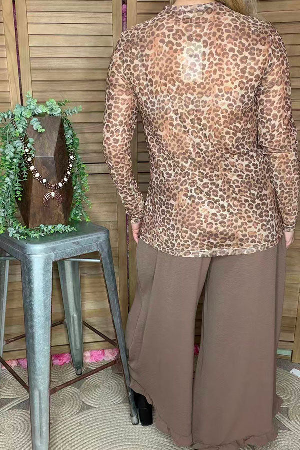 Plus size brown leopard sheer long sleeve women blouse XCH16762