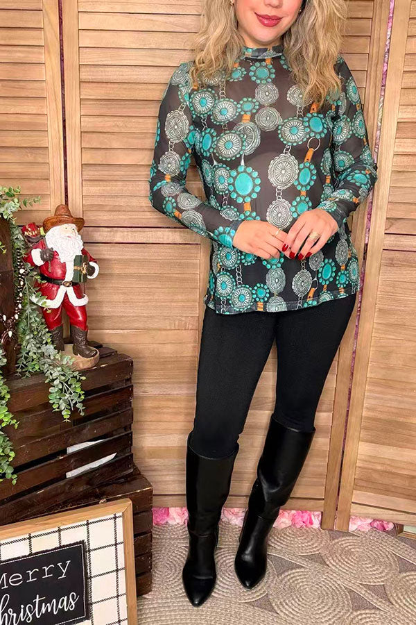 Western jewels printed sheer long sleeve women shirts XCH16564