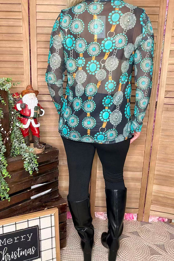 Western jewels printed sheer long sleeve women shirts XCH16564