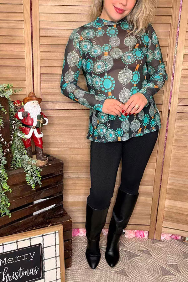 Western jewels printed sheer long sleeve women shirts XCH16564