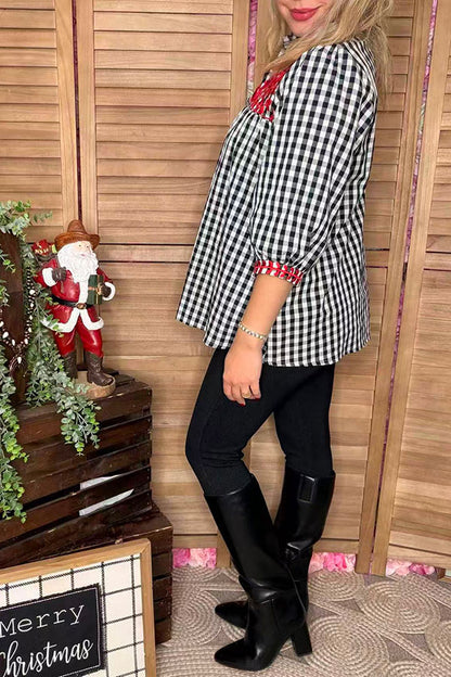 Black pliad red embroidery Christmas baby doll women top XCH16566