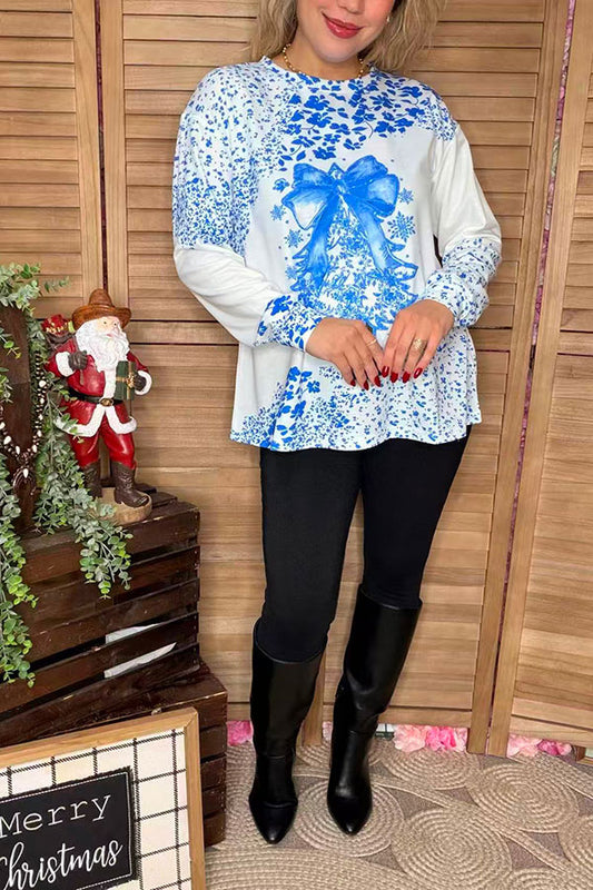 Christmas tree printed white long sleeve women shirts XCH16710