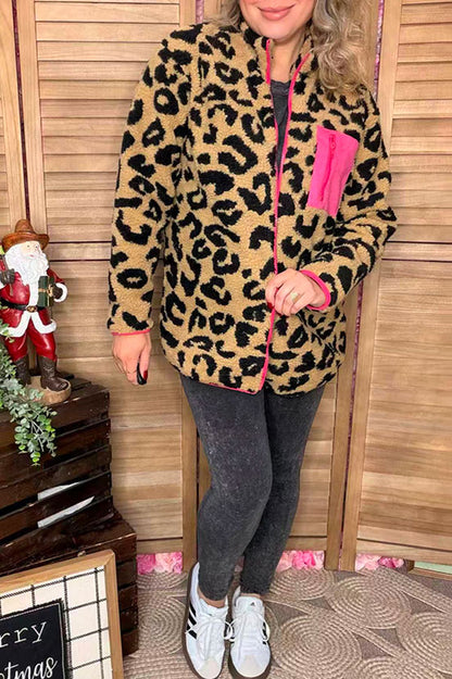 Plus size coat leopard sherpa long sleeve women jackets w/full zipper BQ15489