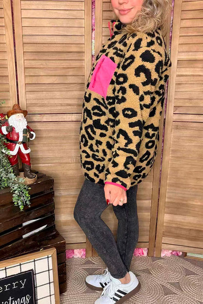 Plus size coat leopard sherpa long sleeve women jackets w/full zipper BQ15489