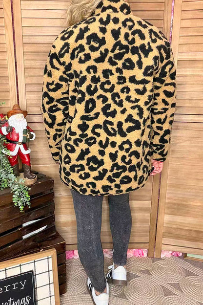 Plus size coat leopard sherpa long sleeve women jackets w/full zipper BQ15489