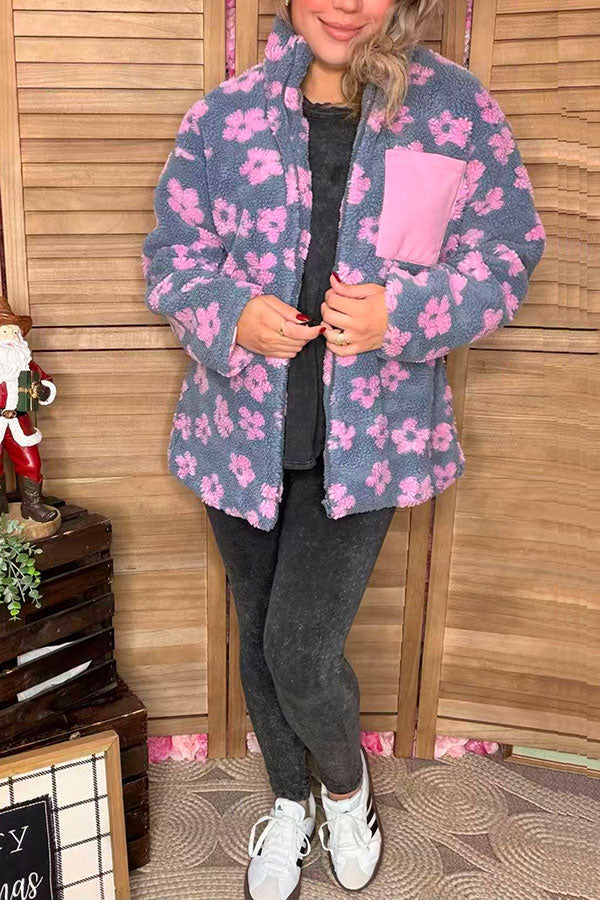 Plus size grey & pink flowers sherpa full-zip women jacket w/pocket DLH14445