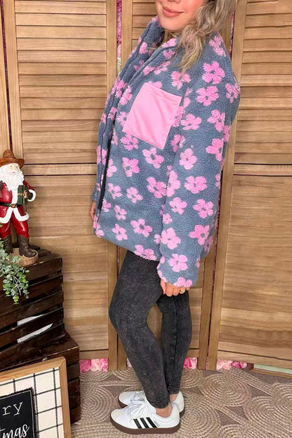 Plus size grey & pink flowers sherpa full-zip women jacket w/pocket DLH14445