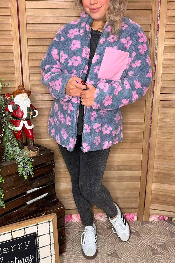 Plus size grey & pink flowers sherpa full-zip women jacket w/pocket DLH14445