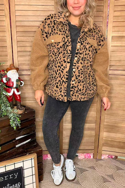 Plus size sherpa leopard & brown long sleeve women jacket w/pockets BQ15975