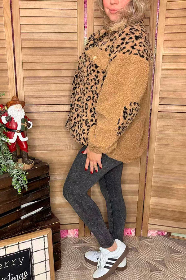 Plus size sherpa leopard & brown long sleeve women jacket w/pockets BQ15975