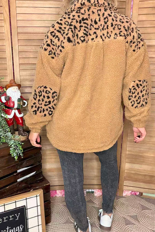 Plus size sherpa leopard & brown long sleeve women jacket w/pockets BQ15975