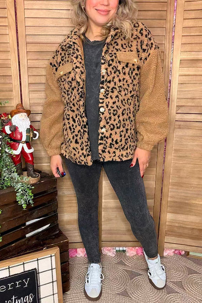 Plus size sherpa leopard & brown long sleeve women jacket w/pockets BQ15975