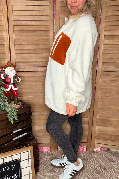 Plus size white sherpa winter women jacket w/front brown pocket BQ13625