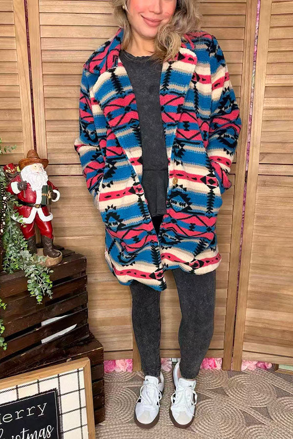 Plus size aztec  long sleeve sherpa women coat w/pockets DLH14505