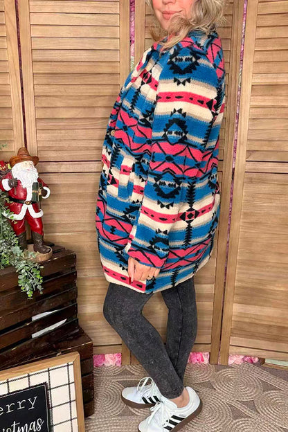 Plus size aztec  long sleeve sherpa women coat w/pockets DLH14505