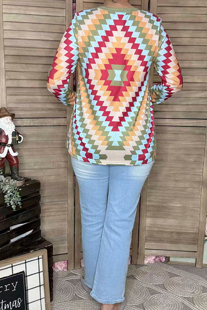 Colorful geometric printed long sleeve women shirts XCH16480