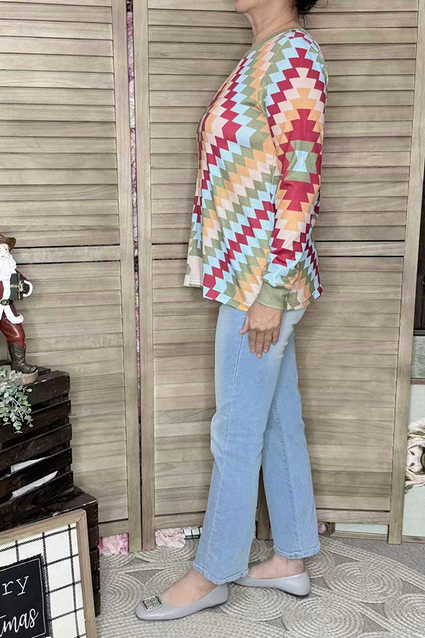 Colorful geometric printed long sleeve women shirts XCH16480