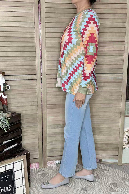 Colorful geometric printed long sleeve women shirts XCH16480