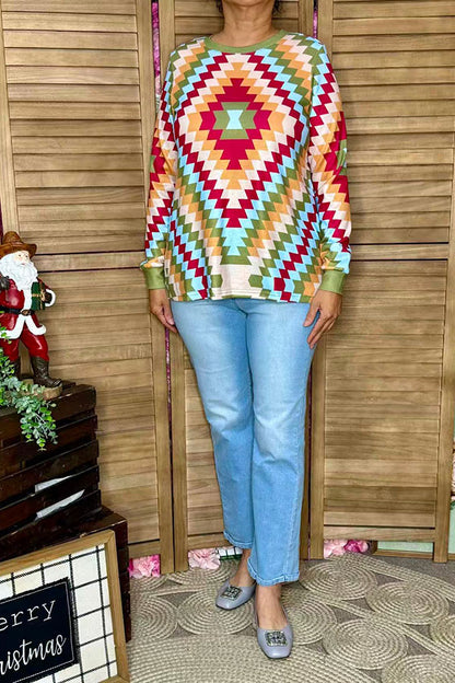 Colorful geometric printed long sleeve women shirts XCH16480