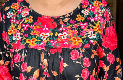 Floral embroidery & floral printed 3/4 sleeves baby doll women top XCH16339