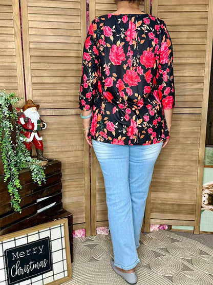 Floral embroidery & floral printed 3/4 sleeves baby doll women top XCH16339