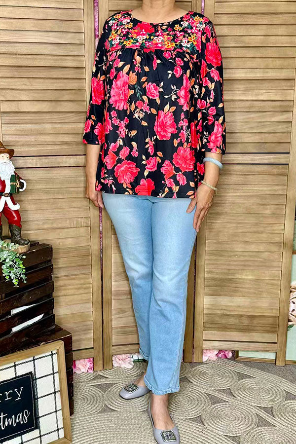 Floral embroidery & floral printed 3/4 sleeves baby doll women top XCH16339