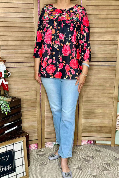 Floral embroidery & floral printed 3/4 sleeves baby doll women top XCH16339