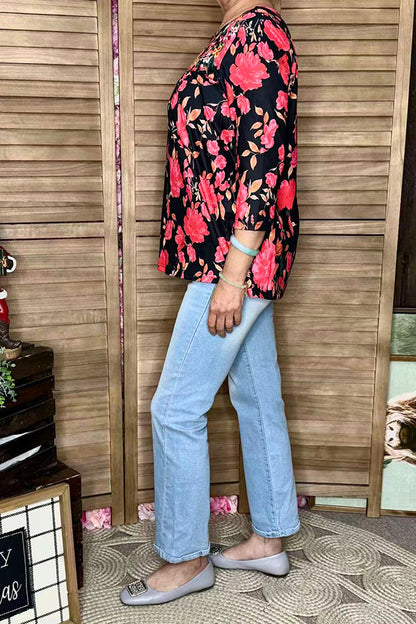 Floral embroidery & floral printed 3/4 sleeves baby doll women top XCH16339