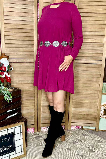 Fuchsia purple long sleeve key hole neckline women's dress wholesale YMY5426B-1