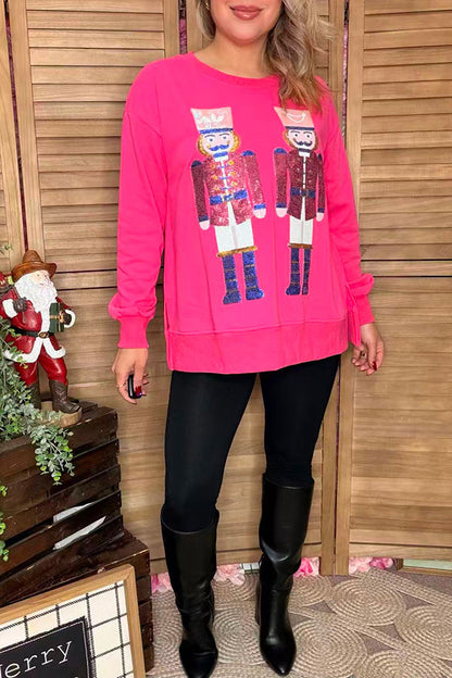 Sequin Nut Cracker hot pink long sleeve women sweatshirt /slit XCH16741