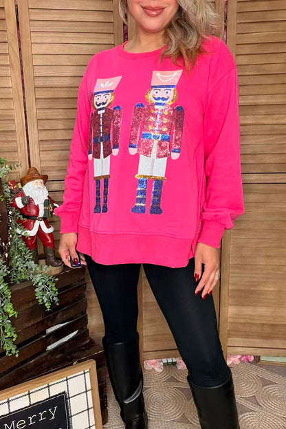 Sequin Nut Cracker hot pink long sleeve women sweatshirt /slit XCH16741