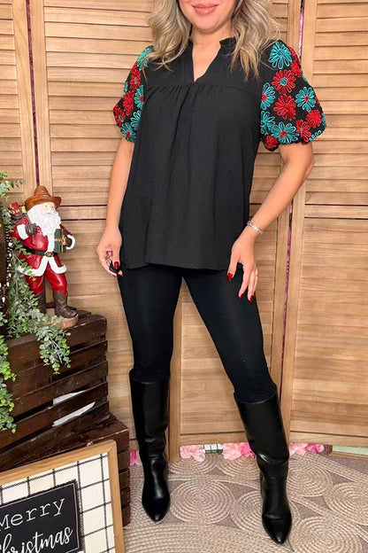 Turquoise & red flower embroidery short sleeve black women top XCH16734