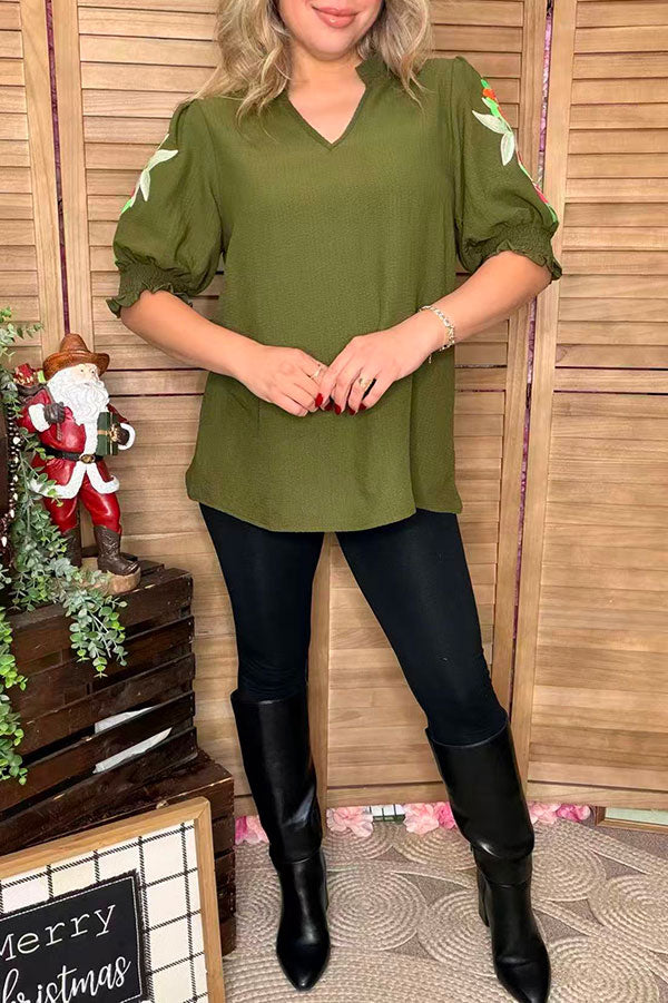 Olive Green flower embroidery ruffle short sleeve women top XCH16633