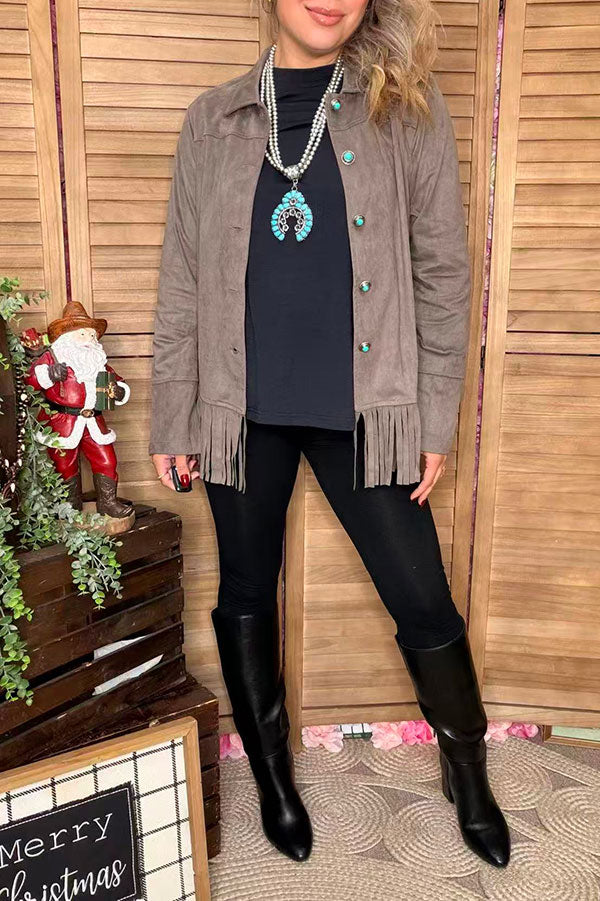 Grey suede fringe long sleeve women jacket with buttons up XCH16770