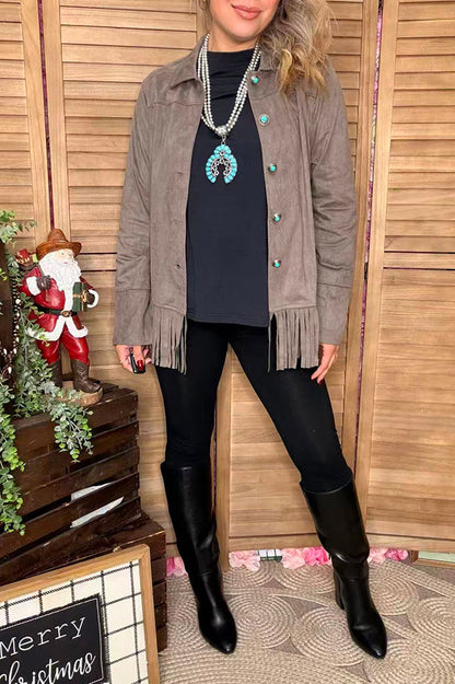 Grey suede fringe long sleeve women jacket with buttons up XCH16770