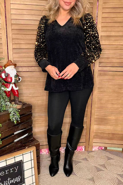 Gold sequin long sleeve black women shirt XCH16021