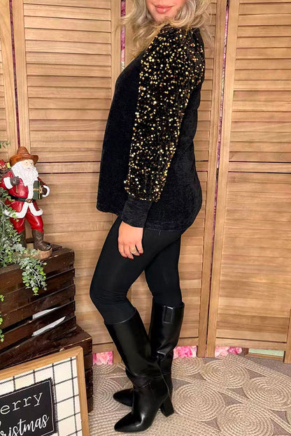 Gold sequin long sleeve black women shirt XCH16021