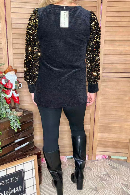 Gold sequin long sleeve black women shirt XCH16021