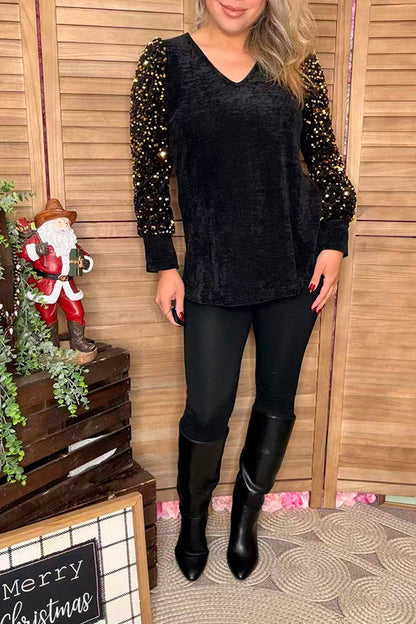 Gold sequin long sleeve black women shirt XCH16021