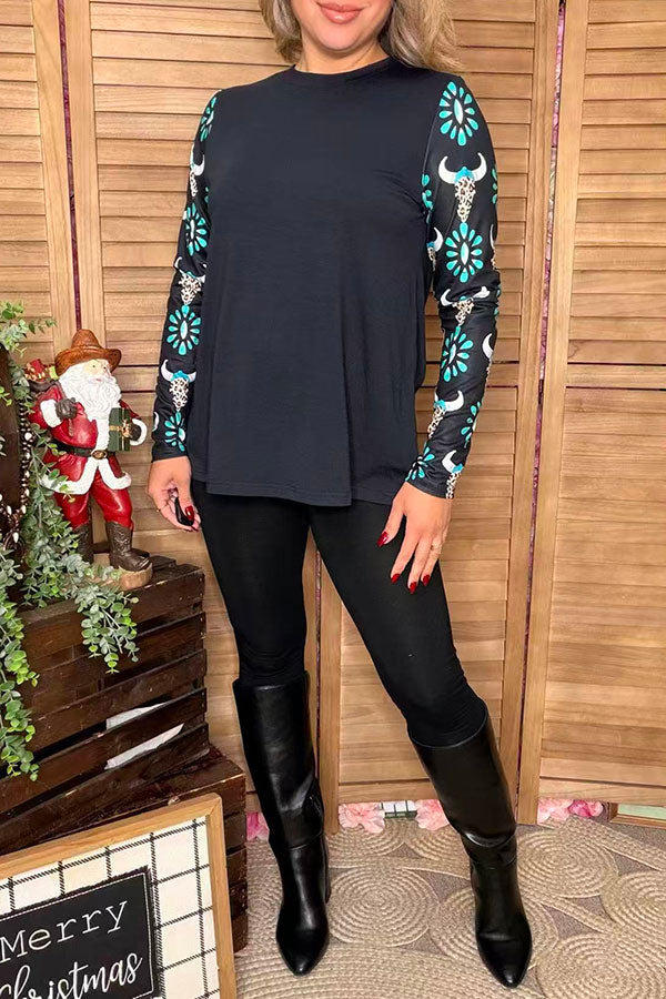 Western bull skull & turquoise jewel printed long sleeve black women top XCH16355