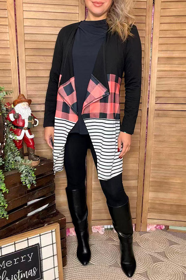 Black & checkered & striped color block irregular long sleeve women caridgan GJQ8722