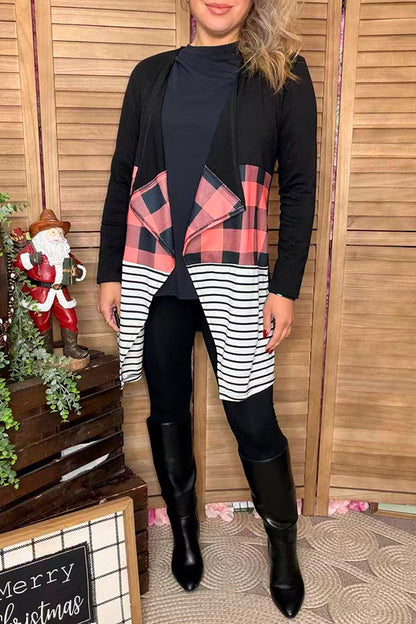 Black & checkered & striped color block irregular long sleeve women caridgan GJQ8722