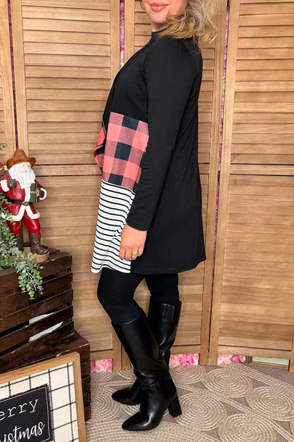 Black & checkered & striped color block irregular long sleeve women caridgan GJQ8722