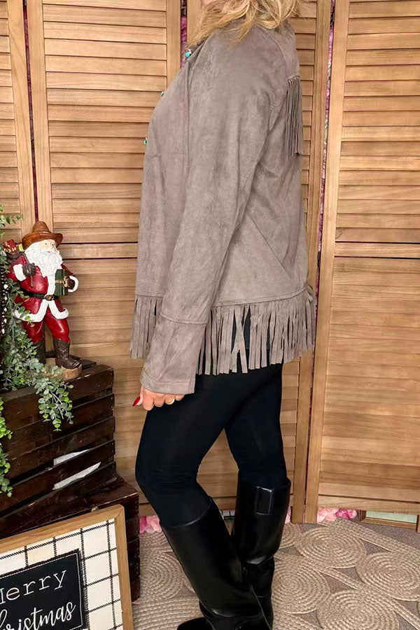 Grey suede fringe long sleeve women jacket with buttons up XCH16770