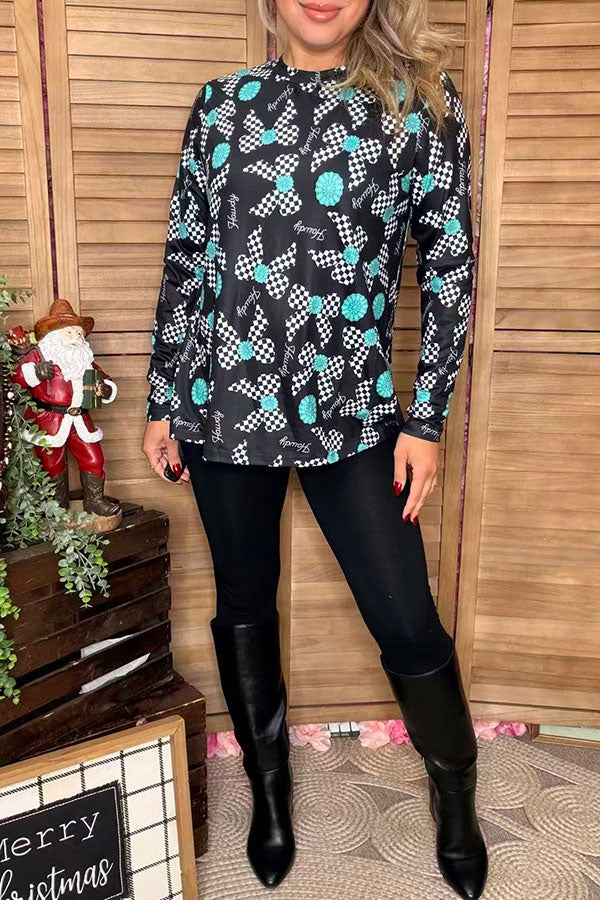 Howdy jewels & checkered bows printed long sleeve women top  XCH16821