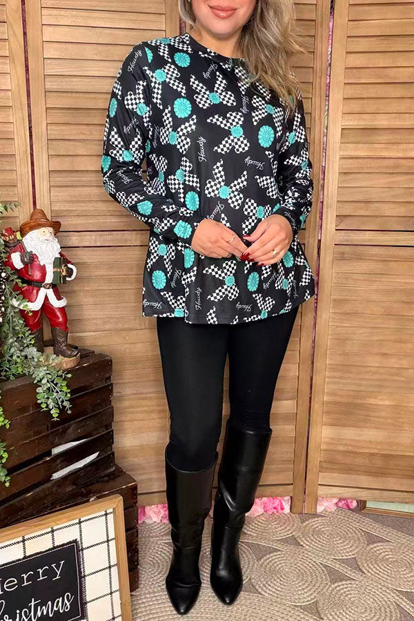 Howdy jewels & checkered bows printed long sleeve women top  XCH16821