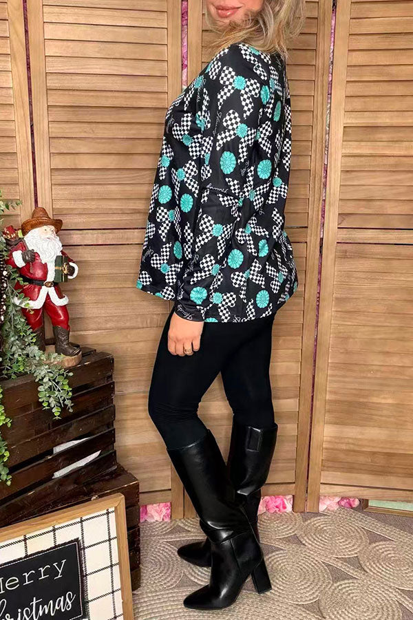 Howdy jewels & checkered bows printed long sleeve women top  XCH16821