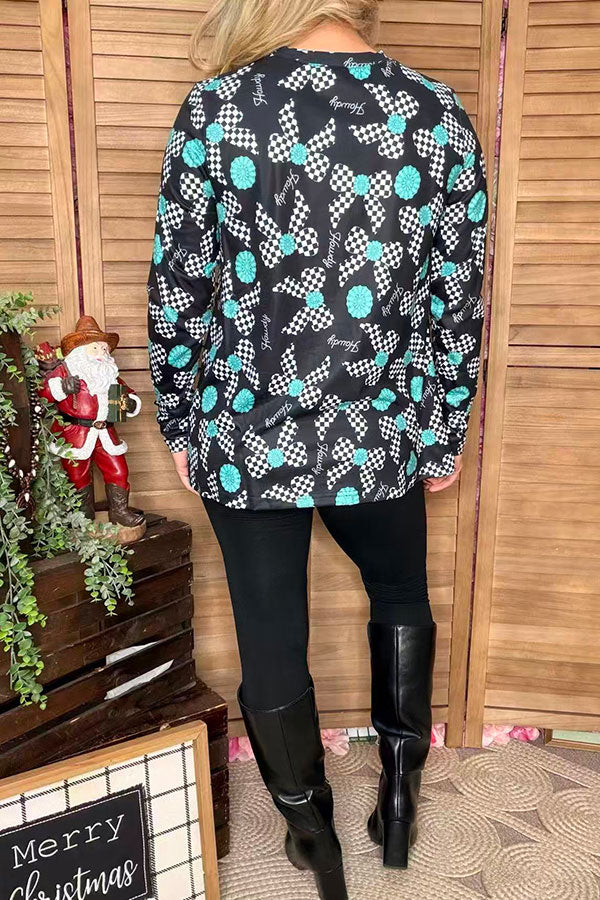 Howdy jewels & checkered bows printed long sleeve women top  XCH16821